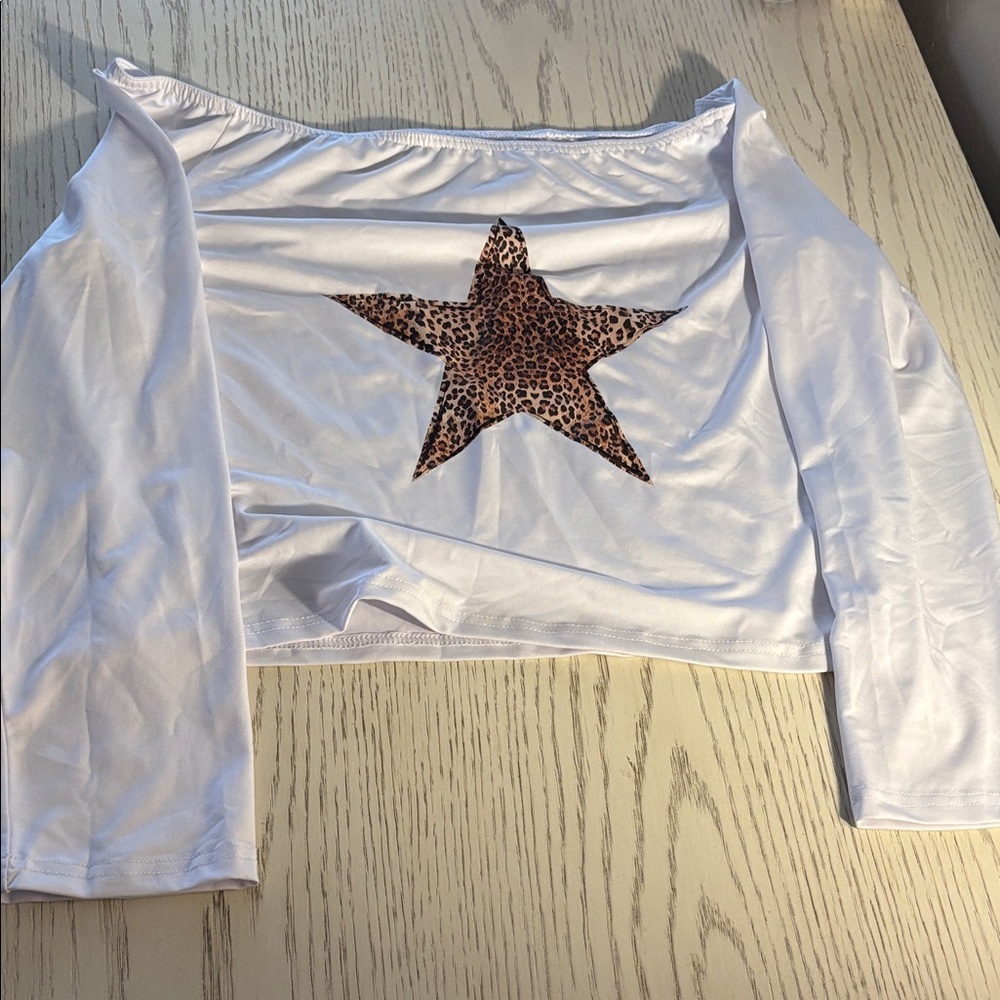 SHEIN White Long Sleeve Top with Leopard Star